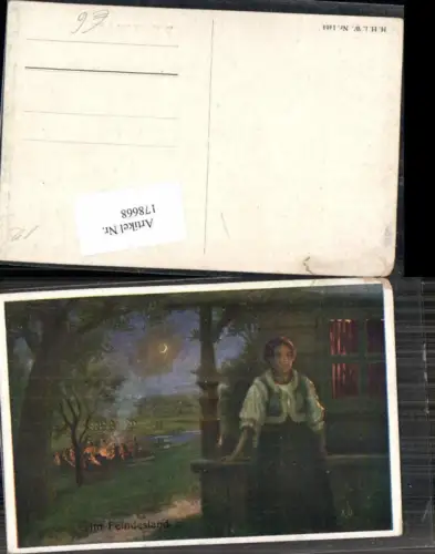 178668,Künstler AK Im Feindesland Lagerfeuer Soldaten Frau Mond