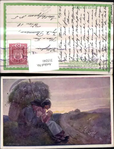 215241,Kriegsfürsorge 554 Künstler Ak E. Reckziegel Frau Mann Bauern m. Heu Sense a. Weg sitzend