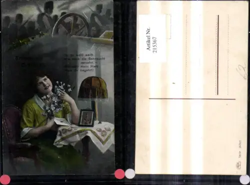 215367,Fotomontage K.k. Soldaten Frau a. Tisch Brief Blumen Treues Gedenken Spruch Text Soldatenbild