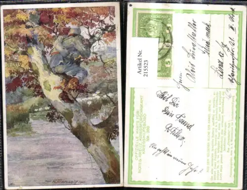 215523,Kriegsfürsorge 350 Künstler Ak A. Marussig Franz Pogatsch Kanonier Beobachtung Feind Baum