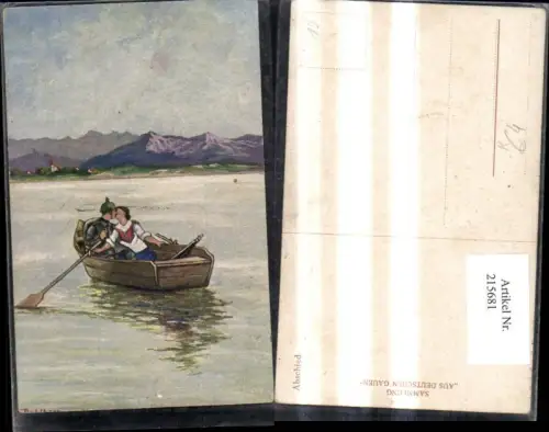 215681,Künstler Ak Abschied K.k. Soldat küsst Frau Ruderboot Boot Bergkulisse