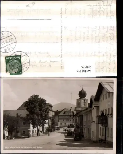 280555,Bayerischer Wald Lam Marktplatz m. Arber Straßenansicht Kirchenturm