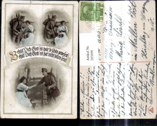 283698,Mehrbild Ak WW1 Soldat Uniform Gewehr Frau Behüt dich Gott Schriftrolle