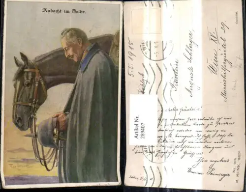 289407,Künstler Ak T. Zasche Andacht i. Felde WW1 Soldat Uniform Mantel Pickelhaube Pferd