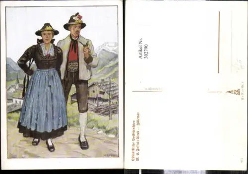 302790,VDA P. 1 R. 41 Nr. 1 Künstler Ak M. E. Fossel Tirol Zillertal Paar i. Tracht Pfeife Ostmärkische Volkstracht