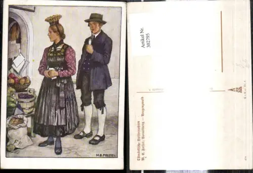 302795,VDA P. 1 R. 41 Nr. 6 Künstler Ak M. E. Fossel Vorarlberg Bregenzwald Paar i. Tracht Pfeife