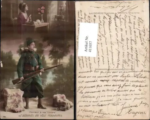 411057,Fotomontage WW1 Soldat Gewehr Frau a. Schreibtisch J attends de vos nouvelles