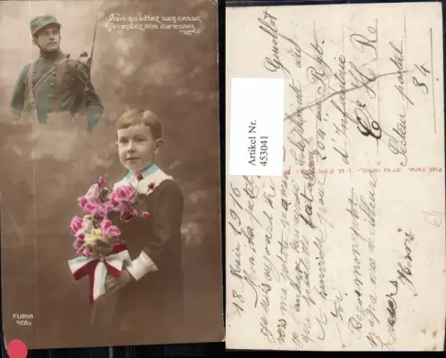 453041,WW1 Soldat Uniform Bajonett Bub Junge Blumen Schleife Patriotik Propaganda