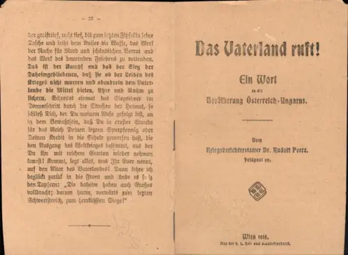 499456,Büchlein WW1 Das Vaterland ruft Kriegsberichterstatter Dr. Rudolf Peerz Feldpost 99