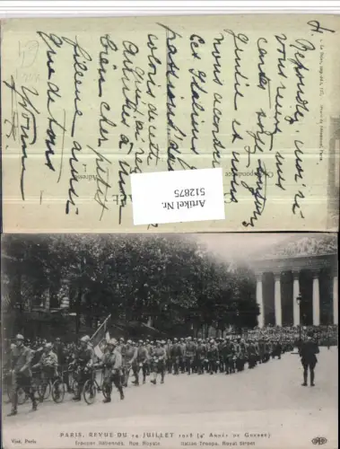 512875,WW1 Paris 1918 Troupes Italiennes Rue Royale Parade Soldaten