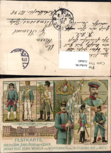 714685 Lithographie Festkarte 200 jähriges Jubiläum 4. Bayrisches Inf. Reg. König Wilhelm Metz
