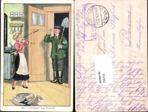 714712 Humor Lithographie Soldat Schipper auf Urlaub Spaten Feldpost Pirmasens