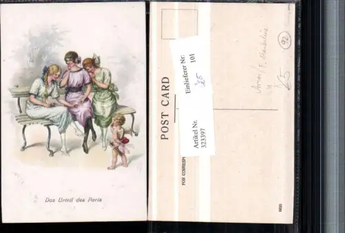 323397,Künstler Litho F. Kaskeline Das Urteil des Paris Amor Engel Frauen m. Kleider Bank