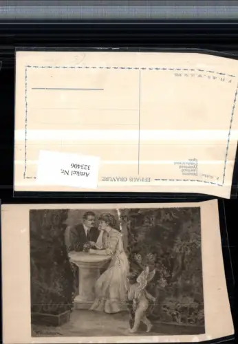 323406,Künstler AK F. Niebler Belauscht Liebe Paar Amor Engel