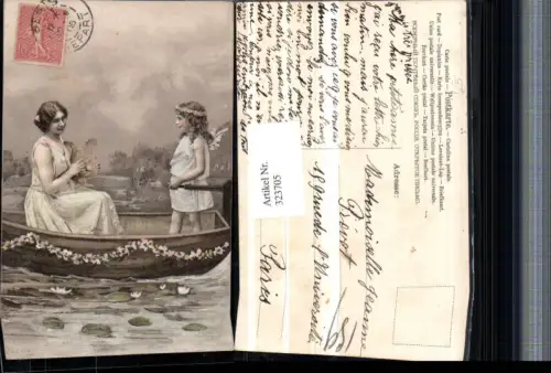 323705,Künstler AK Frau m. Kleid Handharfe Engel Zille Boot