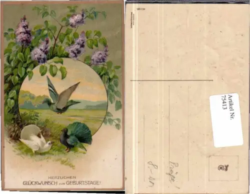 75413,Präge AK Geburtstag Vögel Tauben Blumen