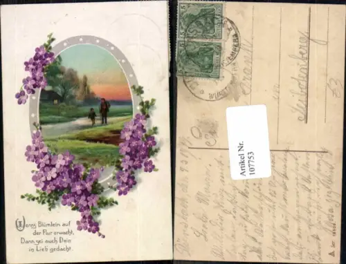 107753,Litho Blumen Veilchen Tolle Karte Jäger m. Kind