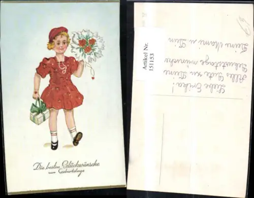 151153,Geburtstag Mädchen Paket Blumenstrauß Geschenk Präge Ak Glitzerschrift