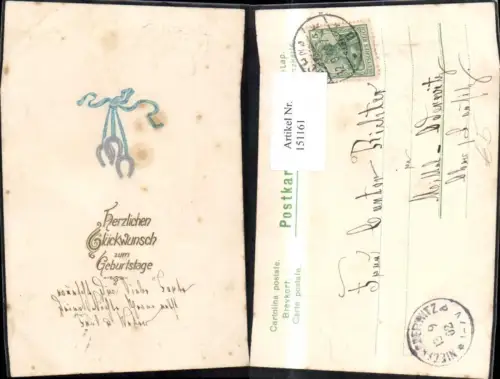 151161,Geburtstag Präge Ak Hufeisen m. Blauer Schleife Glitzerschrift