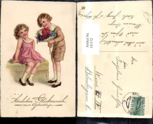 151172,Geburtstag Süsse Kinder m. Blumenstrauß Blumen Glitzerschrift