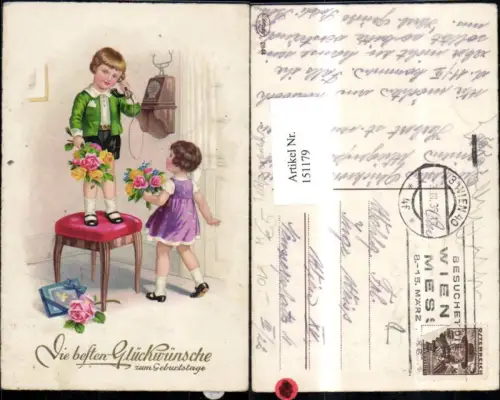 151179,Geburtstag Kinder b. Telefon Antik Hocker Blumenstrauß Geschenk Glitzerschrift