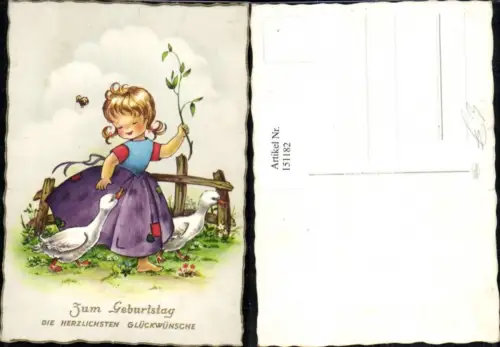 151182,Geburtstag Mädchen m. Gänsen Zaun Käfer Glitzerschrift