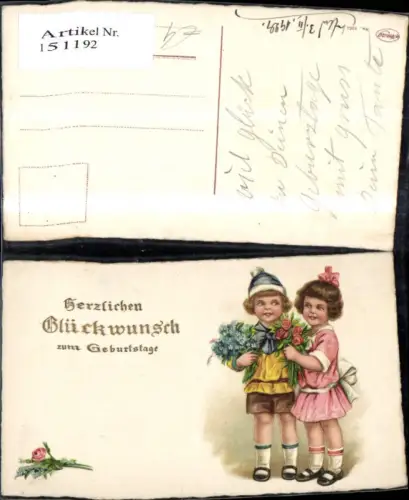 151192,Geburtstag Präge Ak Glitzerschrift Kinder m. Blumen Blumenstrauß