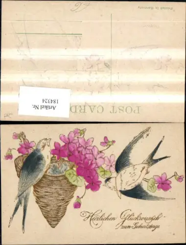 184324,Geburtstag Präge Ak Schwalben m. Nest Vogelkinder Blumen Goldverzierung