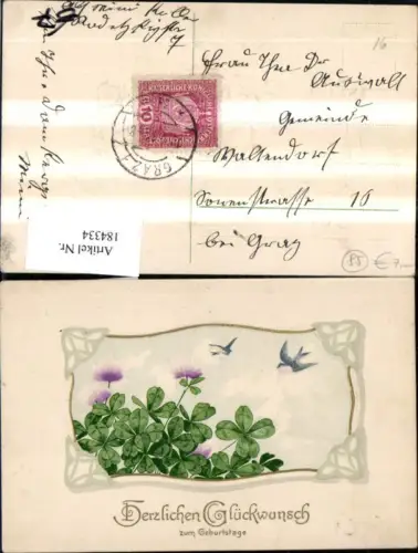 184334,Geburtstag Präge Ak Klee m. Schwalben Goldverzierung