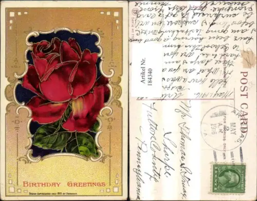 184340,Geburtstag Präge Ak Birthday Greetings Blume Rose m. Goldverzierung