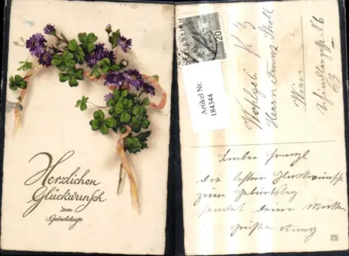 184344,Geburtstag Präge Ak Kleeranke Klee Schleife Kleeblatt Goldschrift