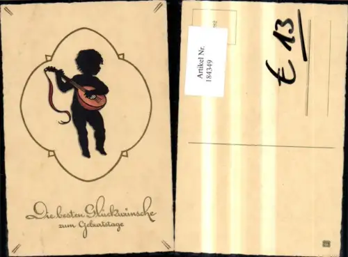 184349,Geburtstag Präge Ak Scherenschnitt Kind m. Gitarre Goldschrift