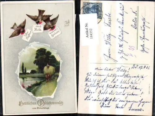 184352,Geburtstag Landschaft i. Rahmen Vögel m. Briefen Bote