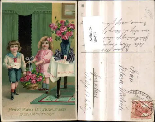 184354,Geburtstag Kinder m. Blumenkorb Rosen Brief Bahnpost Zug 652 Breslau Roppen