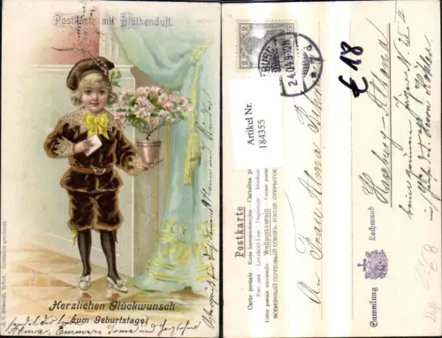 184355,Geburtstag Litho Junge Kind m. Blumentopf Brief Duftkarte pub J. C. Schmidt