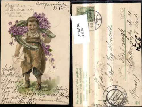 184358,Geburtstag Litho Junge Bub m. Riesenhufeisen Hufeisen Brief Blumen