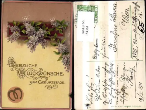 184361,Geburtstag Präge Ak Blumenranke Blumen Hufeisen