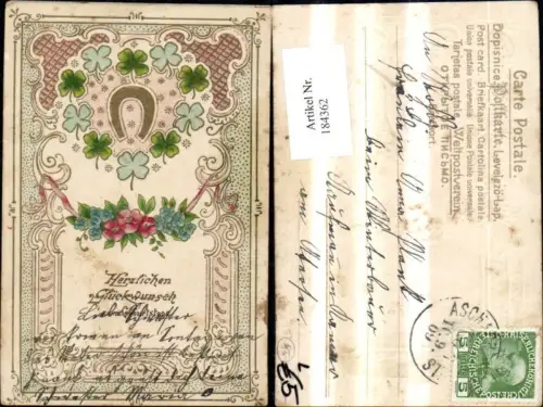 184362,Geburtstag Präge Litho Hufeisen Kleeblatt Blumen