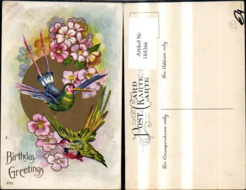 184366,Geburtstag Präge Ak Vögel Blumen Goldverzierung