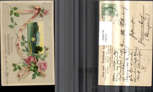 190114,Präge Ak Geburtstag Landschaft i. Rahmen Schleife Rosen