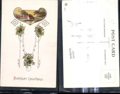 202367,Künstler Ak Art Deco Landschaft Passepartout Blumen Rosen Birthday Greetings Geburtstag