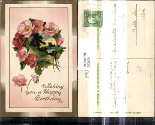 202626,Präge Litho Landschaft Passepartout Blumen Geburtstag