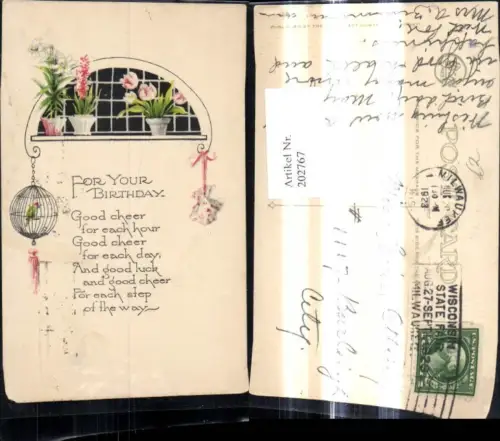 202767,Künstler Ak Geburtstag Fensterbrett Blumentöpfe Vogelkäfig Spruch Text