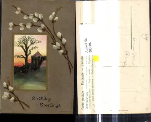 203008,Präge Ak Landschaft Palmkätzchen Birthday Geburtstag