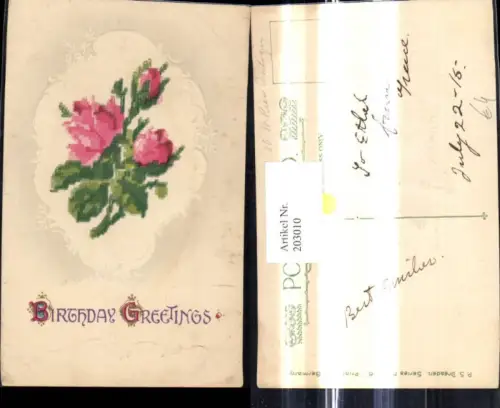 203010,Präge Ak Blumen Rosen Birthday Geburtstag Stickoptik