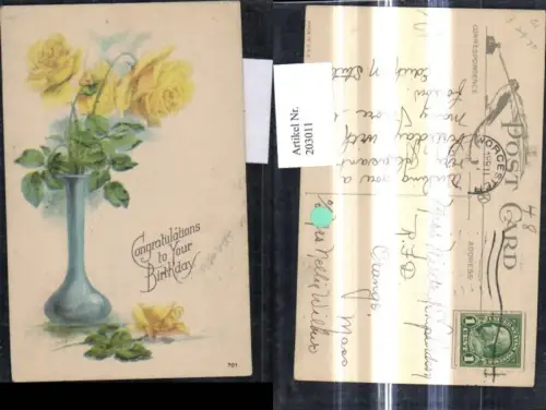 203011,Künstler Ak Blumen Blumenvase Gelbe Rosen Geburtstag