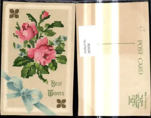 203020,Künstler Ak Rosen Blumen i. Stickoptik Schleifen Geburtstag