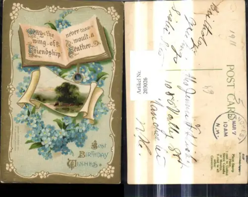 203026,Präge Ak Landschaft Papierrolle Buch Vergissmeinnicht Blumen Geburtstag Goldverzierung