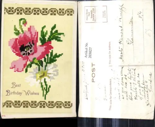 203027,Präge Ak Blumen Stickoptik Geburtstag Goldverzierung