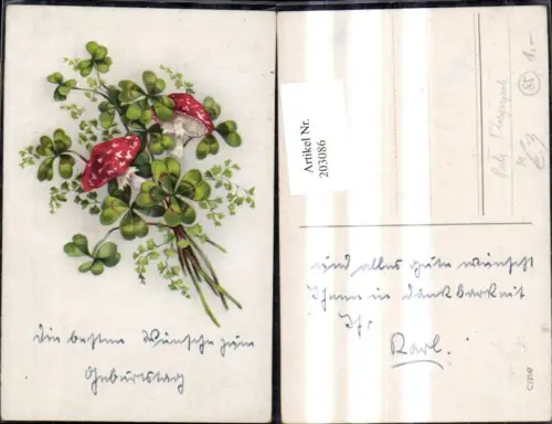 203086,Geburtstag Strauß a. Kleeblatt Fliegenpilze Pilze